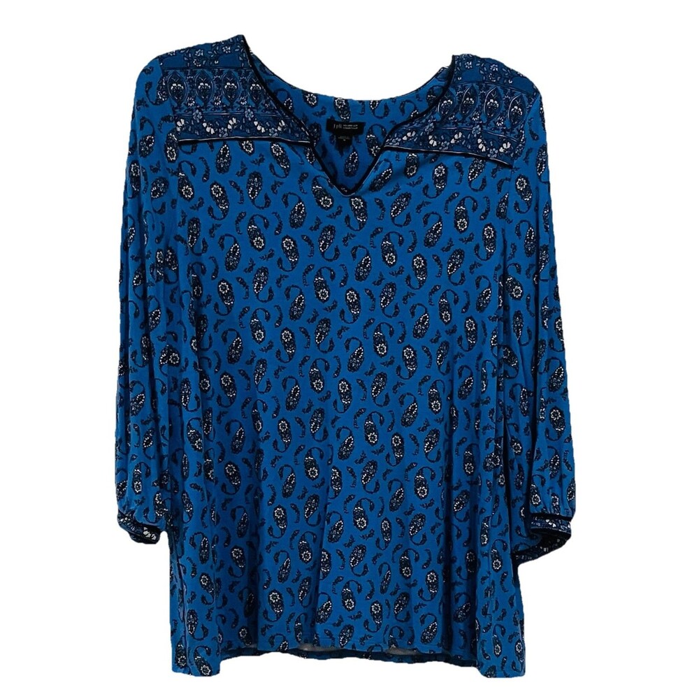 J Jill Women Size M Wearever Collection Yoke Blouse Paisley Floral Blue Rayon